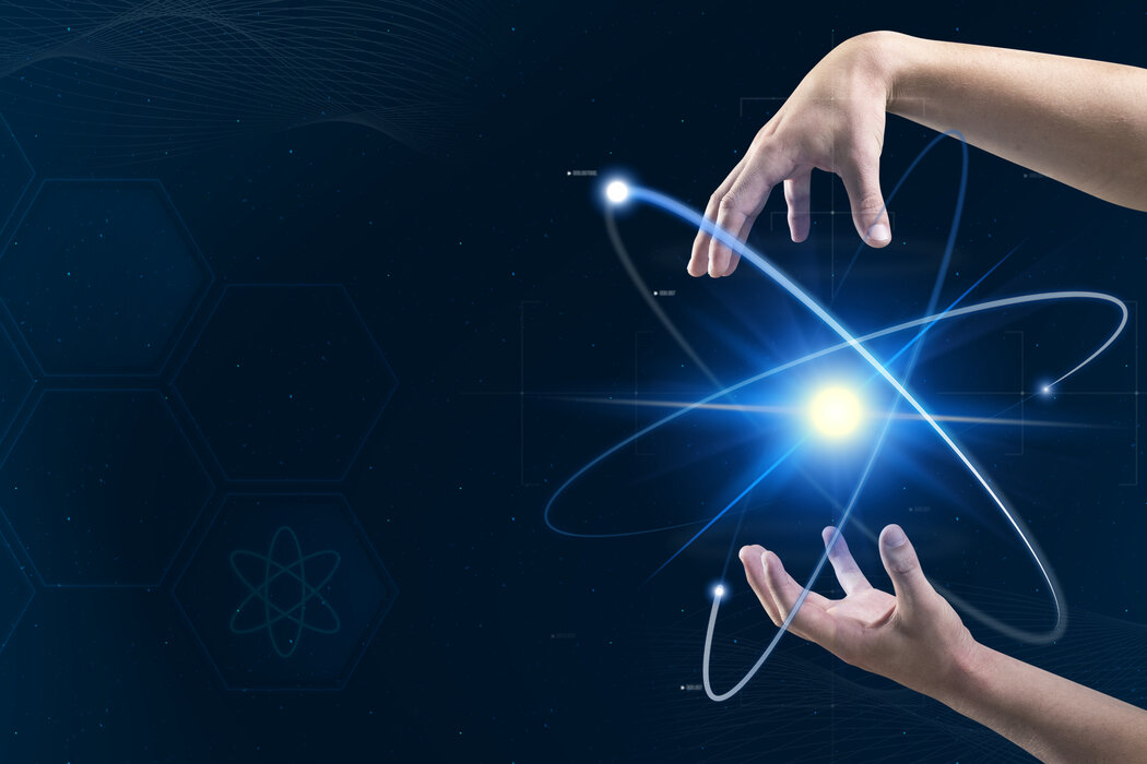 Atom biotechnology nuclear medicine with scientist’s hands digital transformation remix